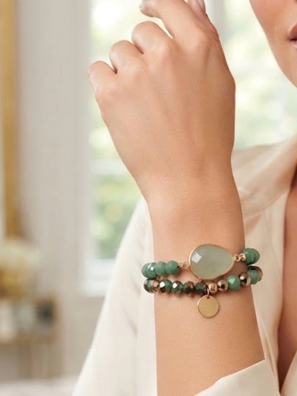 Green Beaded Gold-Tone Stackable Bracelet Set